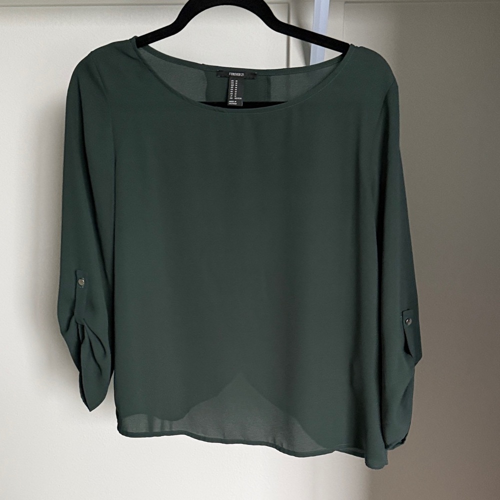 Forever 21 Dark Green Chiffon Roll-Tab Blouse